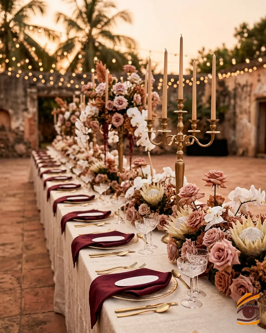 Décor de mariage — table d'honneur, fleurs, dorures chaudes