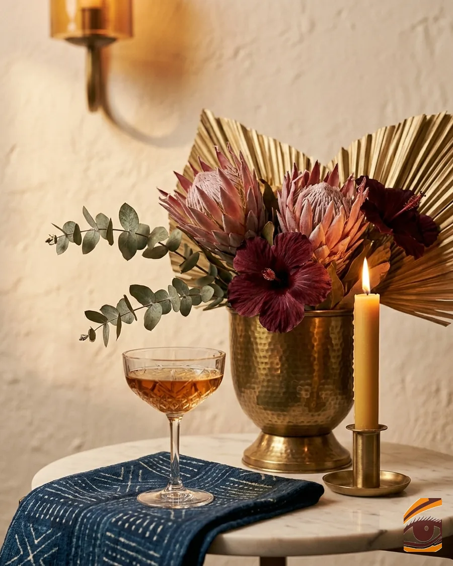 Soirée — composition florale protea et hibiscus